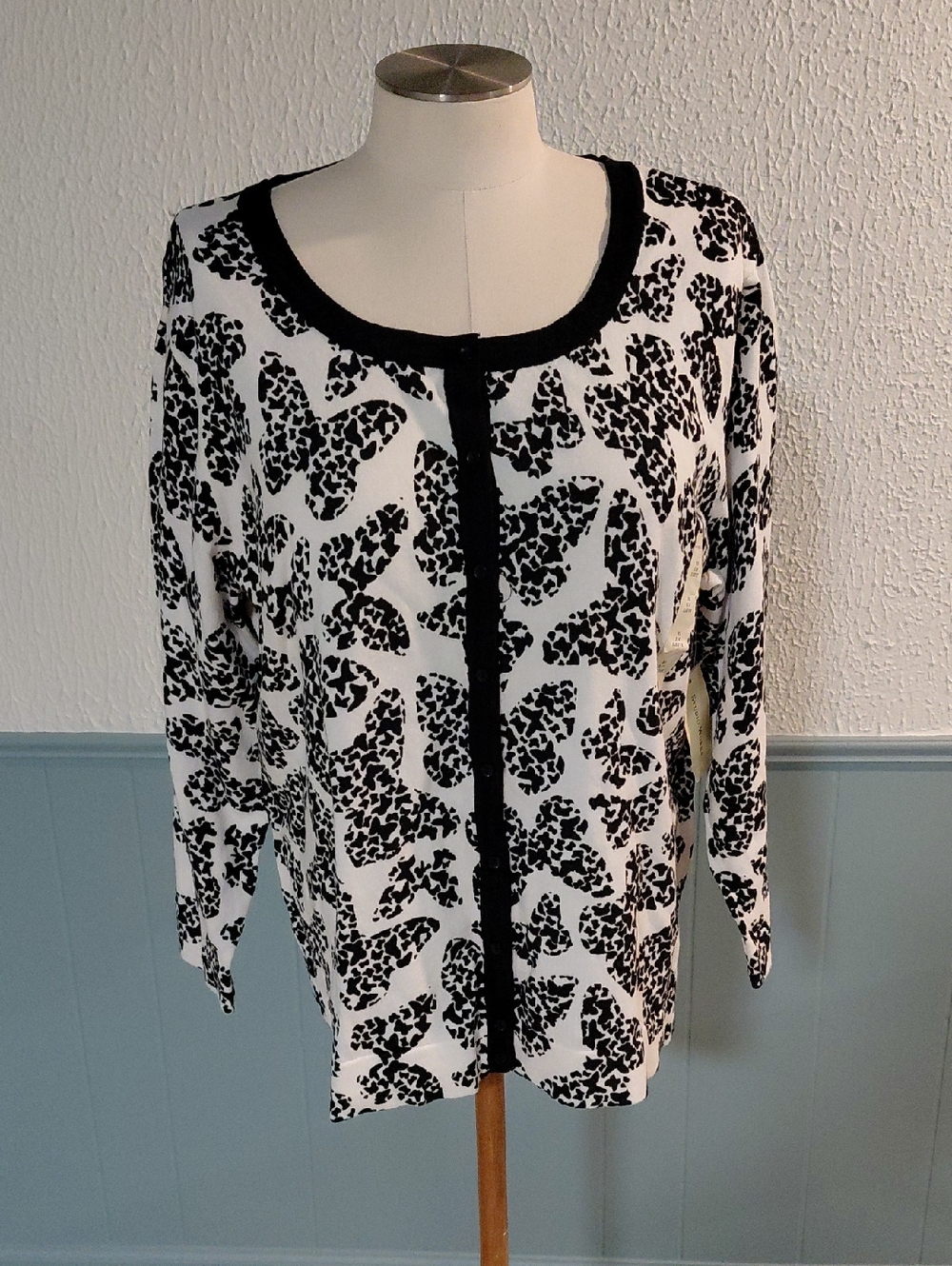 Studio Works Black and White Butterfly Print Cardigan Sweater